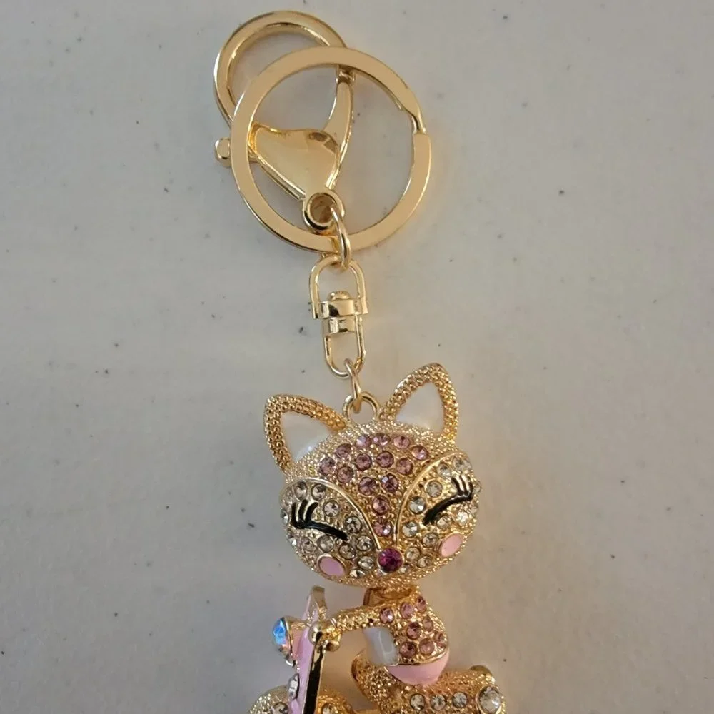 Rhinestone Cat Purse Charm Keychain Pink Crystal Kitty Scooter Handbag Charm - Picture 4 of 6